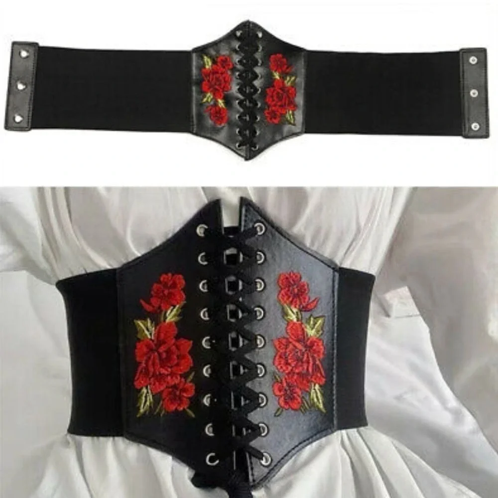 Corset Black Plus size Embroidered Wide Waist Belt Elastic cottage whimsigoth